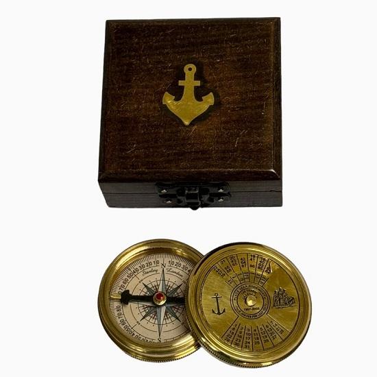 6,35 см Маленький латунный или бронзовый календарный компас в деревянной коробке
