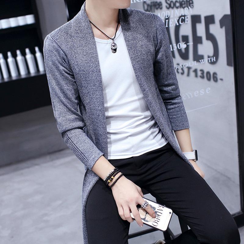 Trench Coat Men's Medium and Long Spring and Autumn Youth Knitted Cardigan Jacket Thin Korean Version Casual Lapel Slim Sweater Top