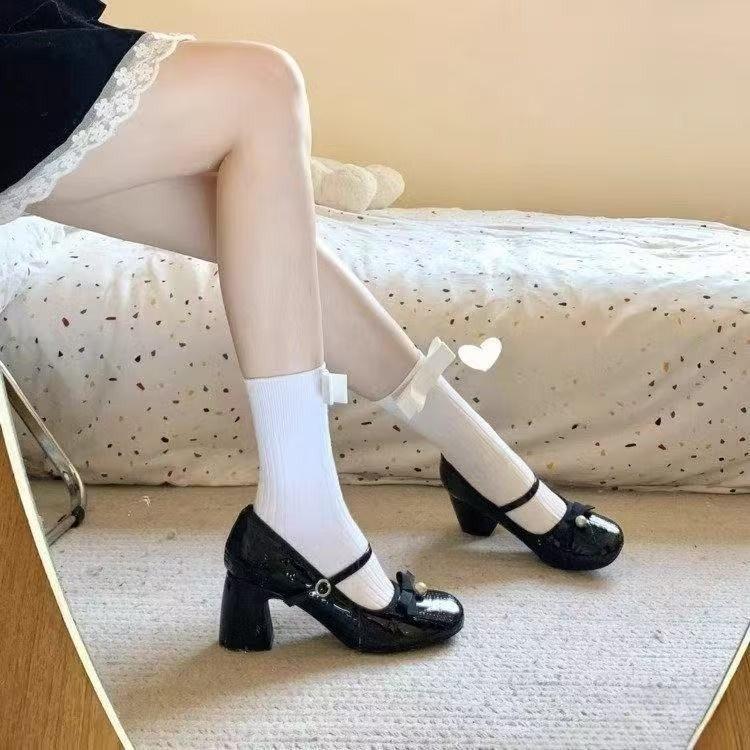 Bow Small Fragrant Style High Heel Mary Jane Shoes Women's 2025 New Spring Pearl Square Head Temperament Thick Heel Single Shoes