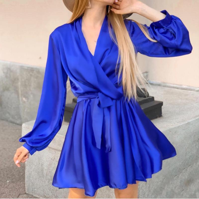 Autumn Winter Satin Long Sleeve V-Neck Mini Dress, Lantern Sleeve Elegant Tie Waist Cocktail Solid Color Temperament Commuter Short Skirt