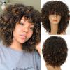 Women's Short Afro Kinky Curly Wigs With Bangs Ombre Brown Synthetic Wig Black Daily Party Headgear with Clips