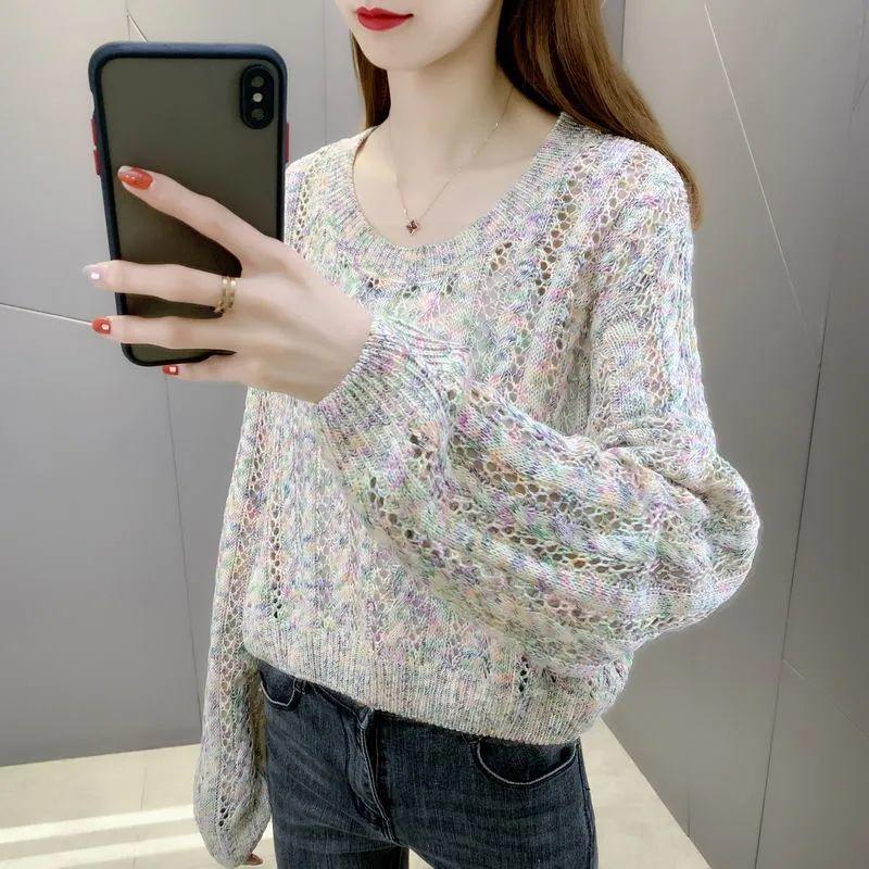 Женский короткий и свободный вязаный свитер с высокой талией и вырезом, базовый свитер