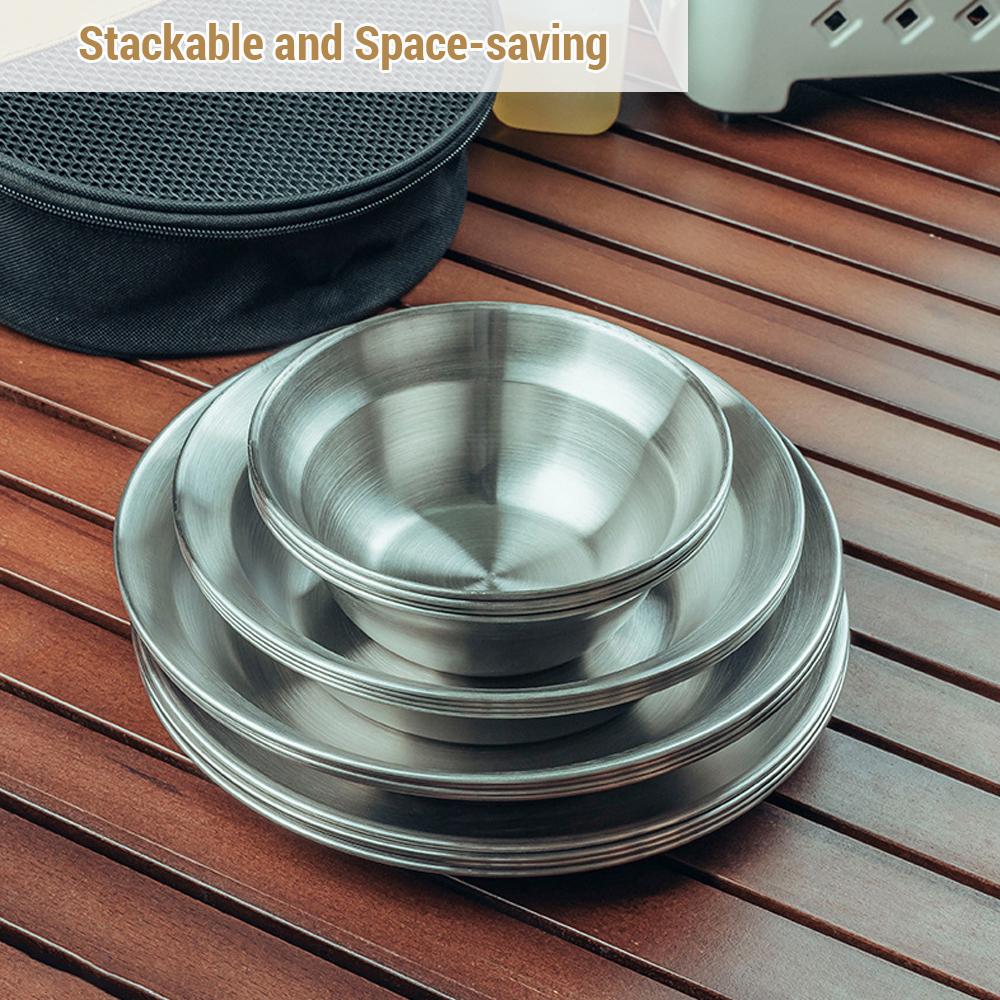 8pcs Camping Tableware Sets Reusable Stainless Steel Plates and Bowls for Outdoor Camping Hiking