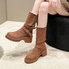 Fashion 2024 Hot Sale Women's Shoes Slip-on Women's Boots Fashion Belt Buckle Modern Boots Women Winter Rivet Round Head Mid-Calf Boots