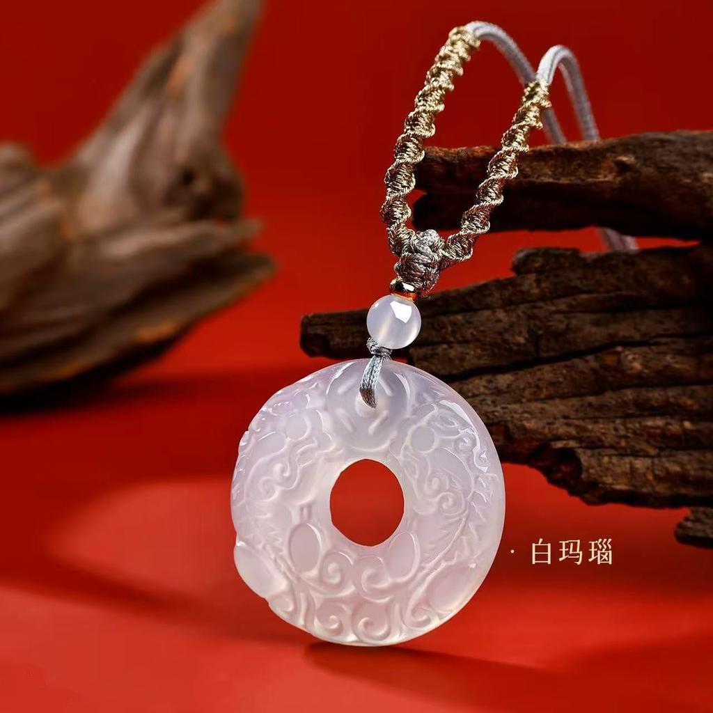 DJ Jewelry Natural Agate Chalcedony Dragon Pendant with Double Pixiu and Peace Buckle Necklace for Men and Women