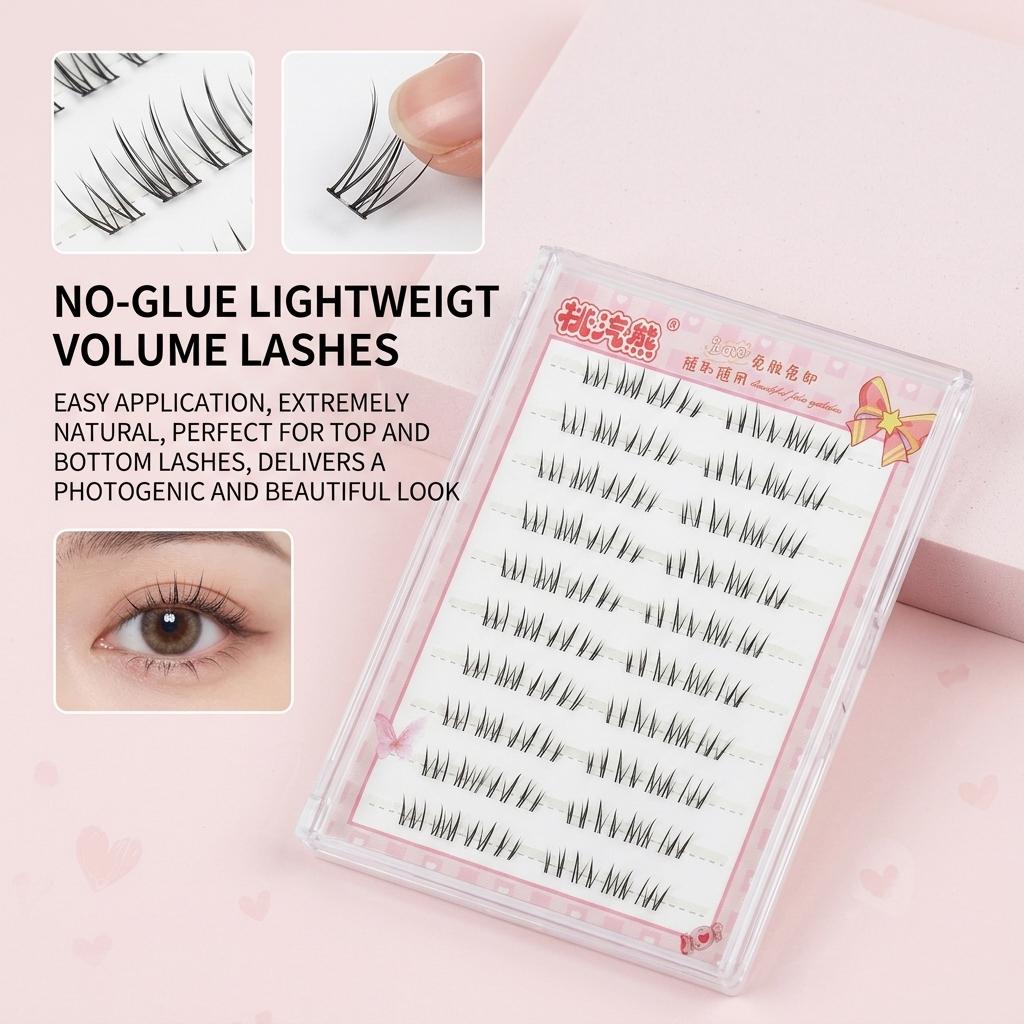 No Glue Natural False Eyelashes Upper Lower Universal HD Camera Ready Black Fiber Lashes
