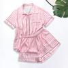 Yousheng 2 шт./компл. Женский костюм рубашка шорты Лацкан Короткие рукава Атласный в полоску Контрастный цвет Топ Эластичная талия Короткие брюки Домашняя одежда Одежда для отдыха