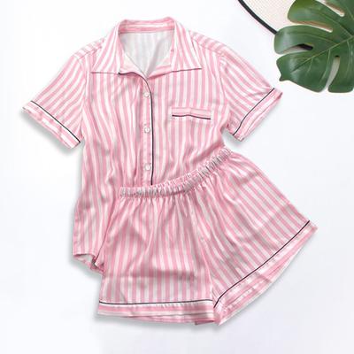 Yousheng 2 шт./компл. Женский костюм рубашка шорты Лацкан Короткие рукава Атласный в полоску Контрастный цвет Топ Эластичная талия Короткие брюки Домашняя одежда Одежда для отдыха