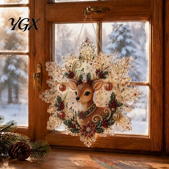 Easy to Install Holiday Accessories Christmas Acrylic Pendant with Metal Chain, Double-sided Printed 2D Snowflake Gift Ornaments for Family