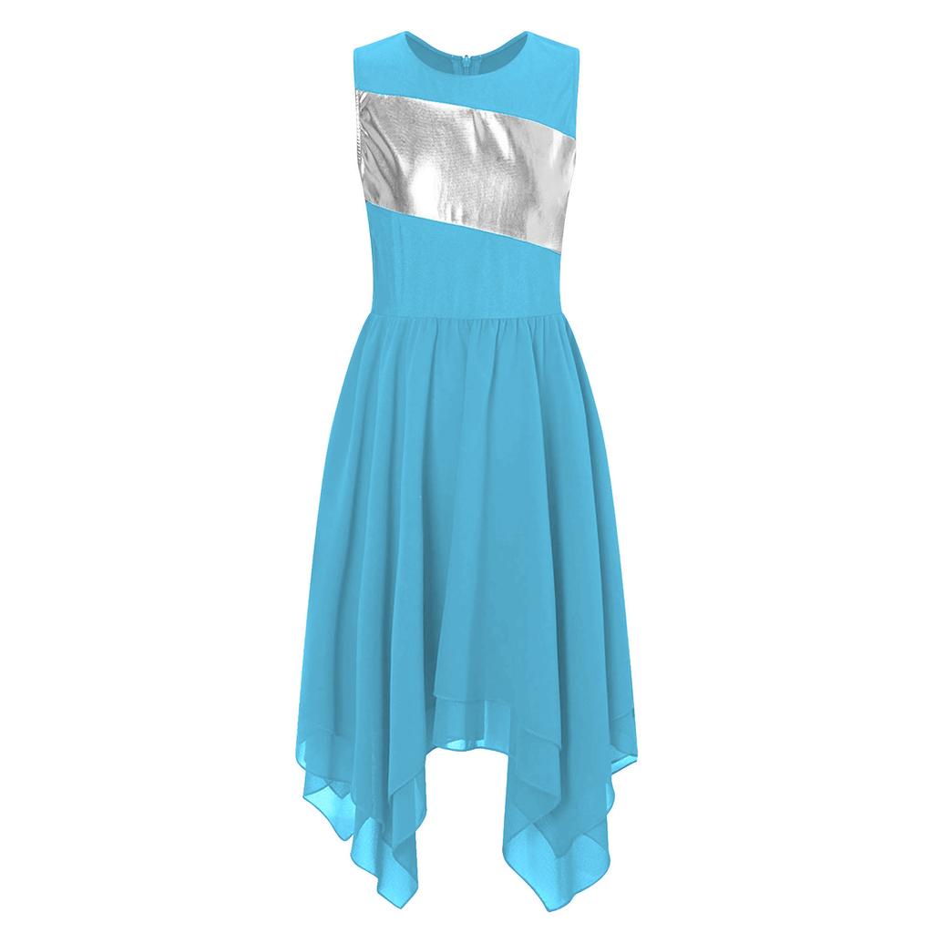 Girls Worship Liturgical Celebration Costume Color Block Sleeveless Asymmetric Hem Lyrical Dance Dress