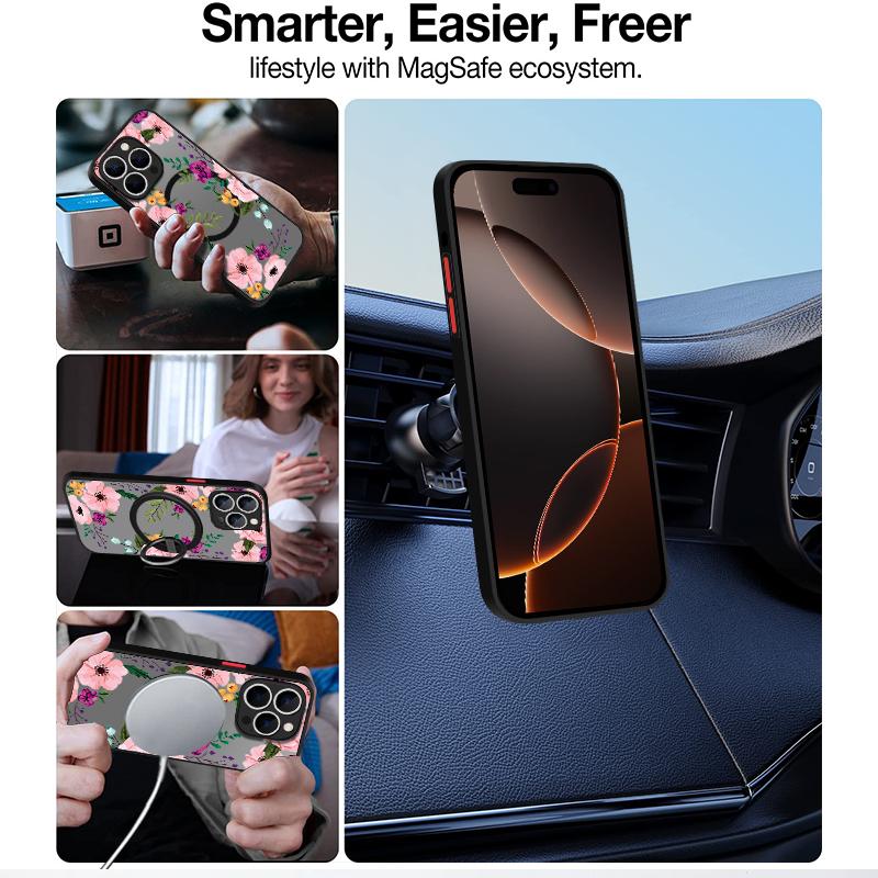 Colorful Flower Magnetic Case For iPhone 16 15 14 Pro Max 13 12 Pro 11 For Magsafe Wireless Charge Soft Edge Acrylic Phone Cover