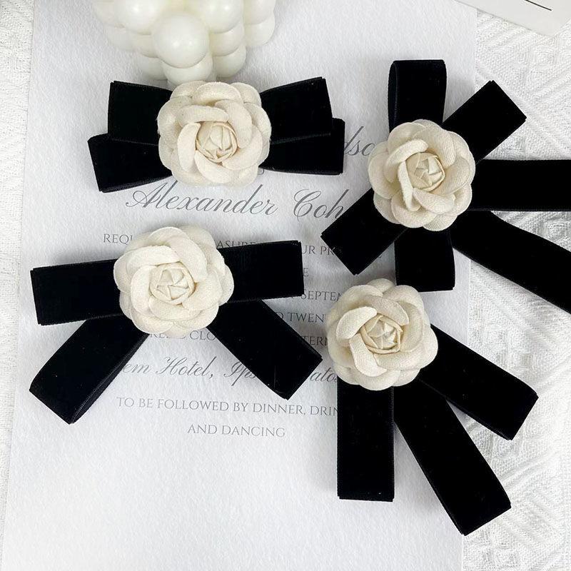 Camellia Flower Brooches Balck Bow Lapel Pins For Women Corsage Shirt Scarf Buckle Badge Accessories