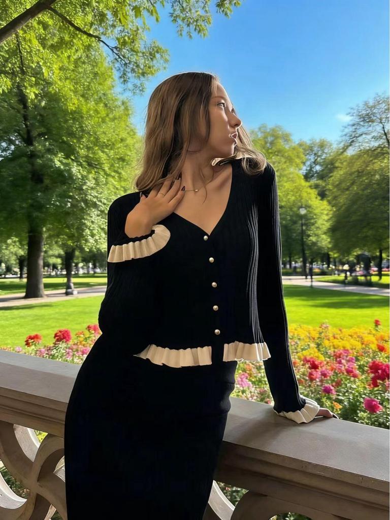 Европейский Шик Осень/Зима Женский Комплект: Вязаный Кардиган и Юбка с Элегантными Французскими Воланами