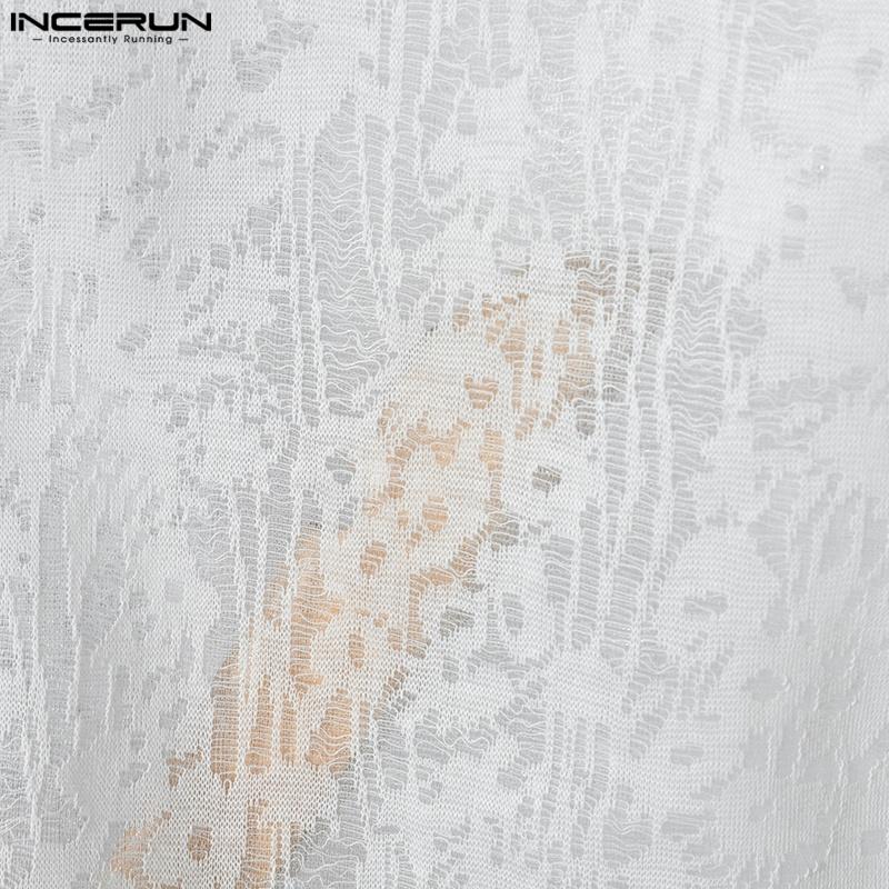 INCERUN Summer Men U Neck Sleeveless Buttons Lace Mesh Sheer Casual Tank Tops