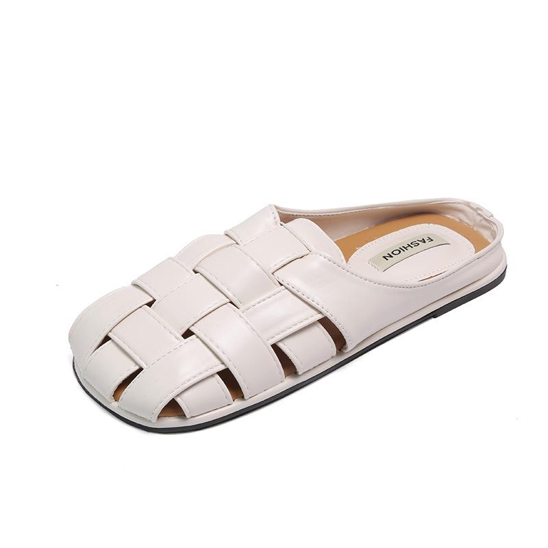 Модные тапочки Baotou Flat Slippers 2024 Летние новые женские туфли однотонные повседневные плетеные мюли тапочки бежевые слипоны пляжные сандалии шлепанцы