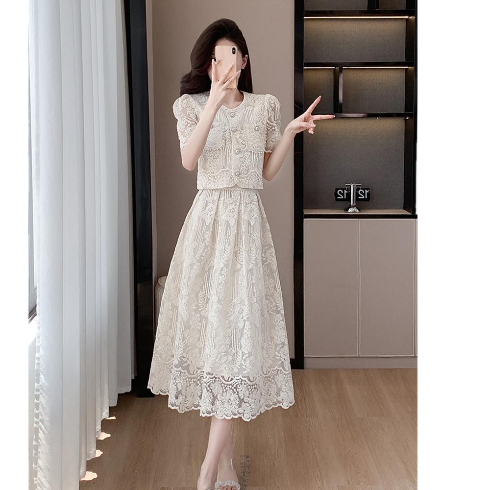 Элегантные женские летние кружевные костюмы, милая однотонная рубашка с цветочной вышивкой, топы, комплект из двух предметов, юбка миди, женская одежда