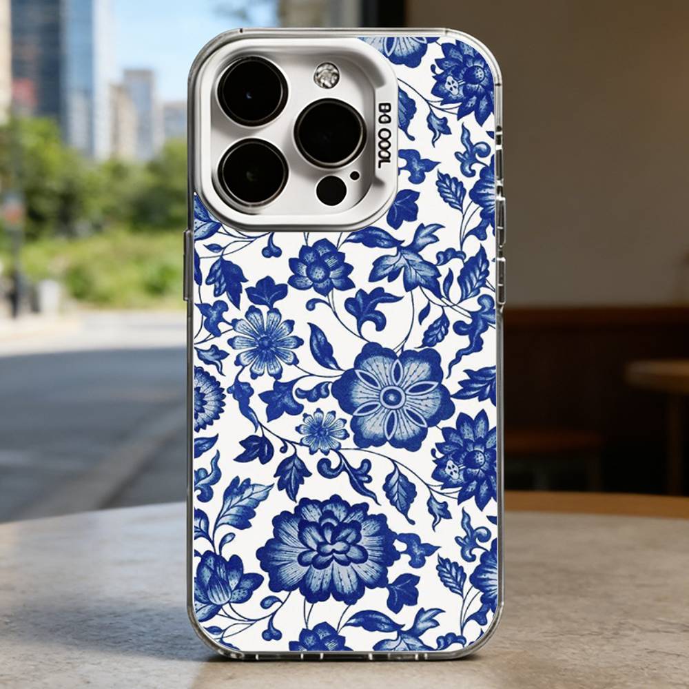 Сине-белый фарфоровый чехол Жесткий чехол для телефона для IPhone 16 15 14 13 12 11 Pro Max Plus16E X XR XS Max ударопрочный Полное покрытие