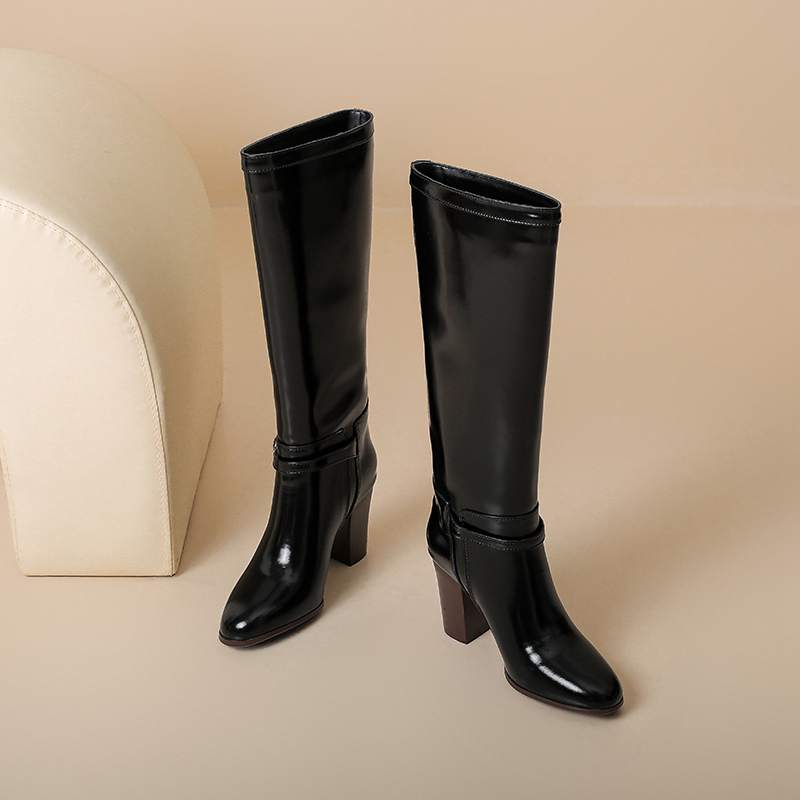 Krazing Pot Кожа спилок коровы Круглый носок Толстый высокий каблук Рыцарские сапоги Размер 46 Размер 45 Слипоны Большой размер Женские Металлическая пряжка Ботфорты