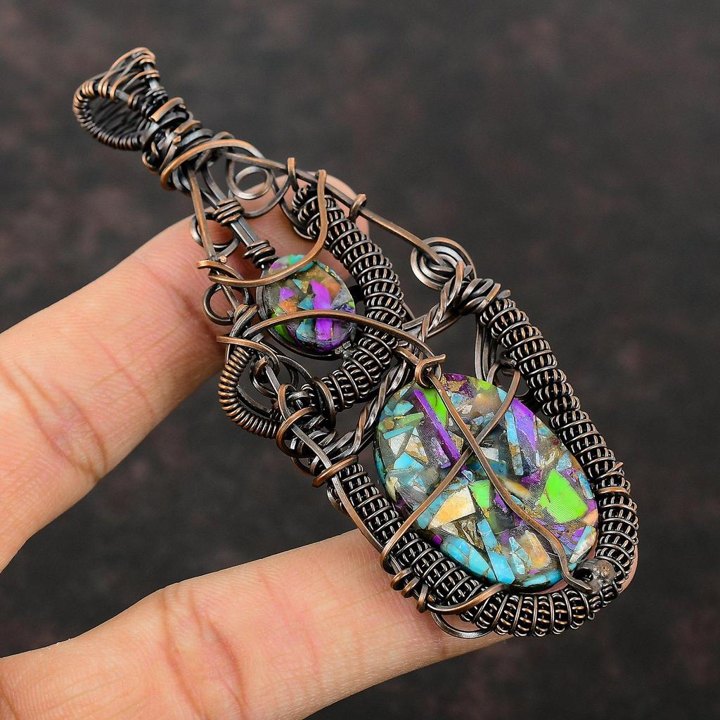 Кулон с бирюзой Кингман, обернутый медной проволокой, кулон с драгоценным камнем, ручная работа, многоцветный медный кулон с бирюзой, уникальные медные украшения для подарка