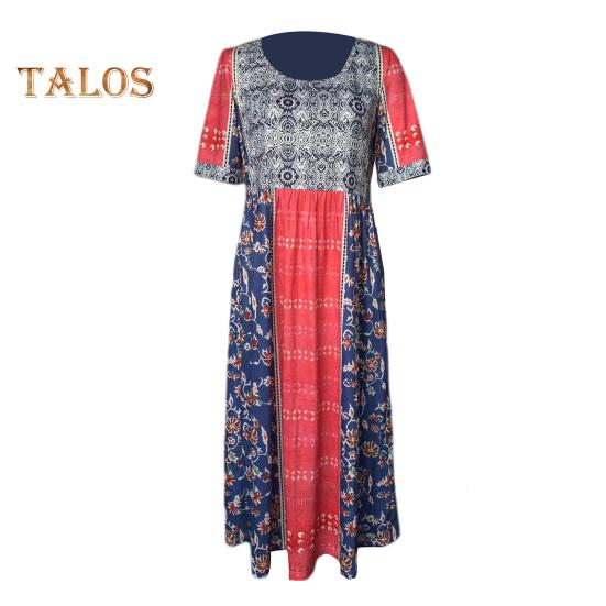 Летнее женское платье Плиссированное этническое платье с принтом А-силуэта Свободный подол Боковые карманы Круглая шея Мягкие богемные короткие рукава До середины икры Женские повседневные миди