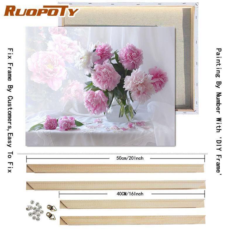 RUOPOTY Краска по номерам, цветок пиона, настенное искусство, уникальный подарок, ручная роспись на холсте, картина по номерам, уличный декор для детской комнаты
