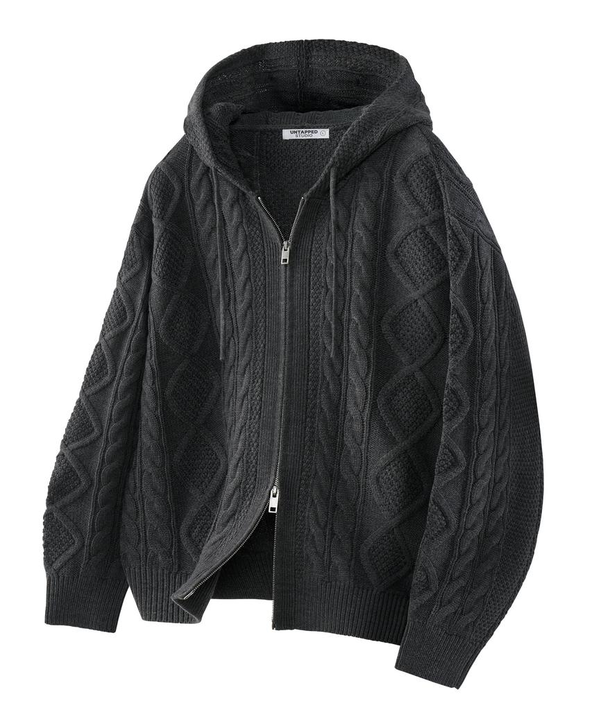 UNTAPPED STUDIO Oversized 2-Way Aran Cable Knit Zip-Up Hoodie 5 Colors