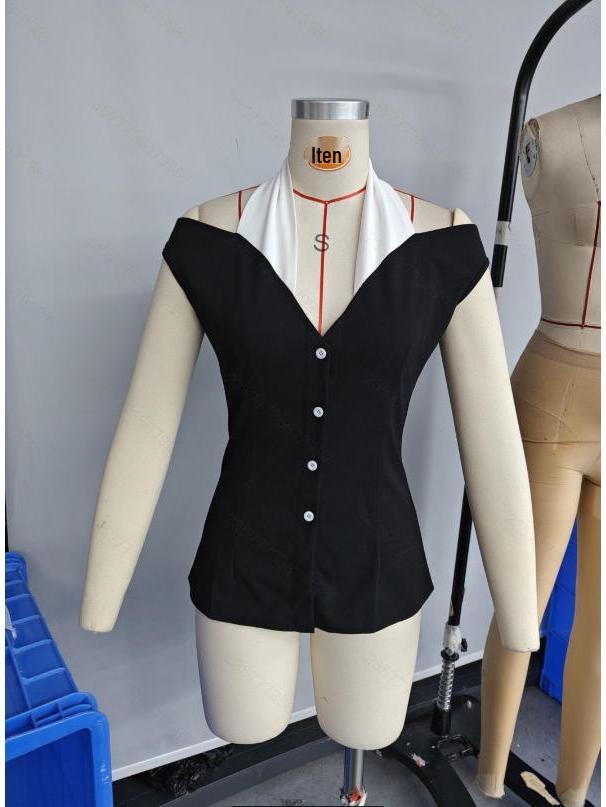 Элегантная женская черная и белая рубашка с открытыми плечами - Европейский и американский стиль, приталенная, для повседневной носки и офиса