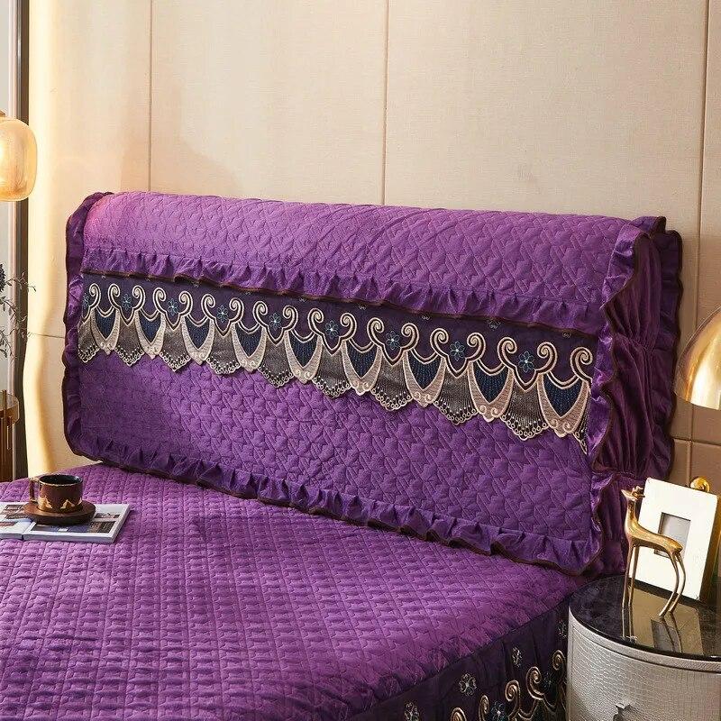Lace Headboard Cover for Queen Bed Plush Velvet Double Size King Quilted Anti-collision Full Coverage Back Protector with Pocket
