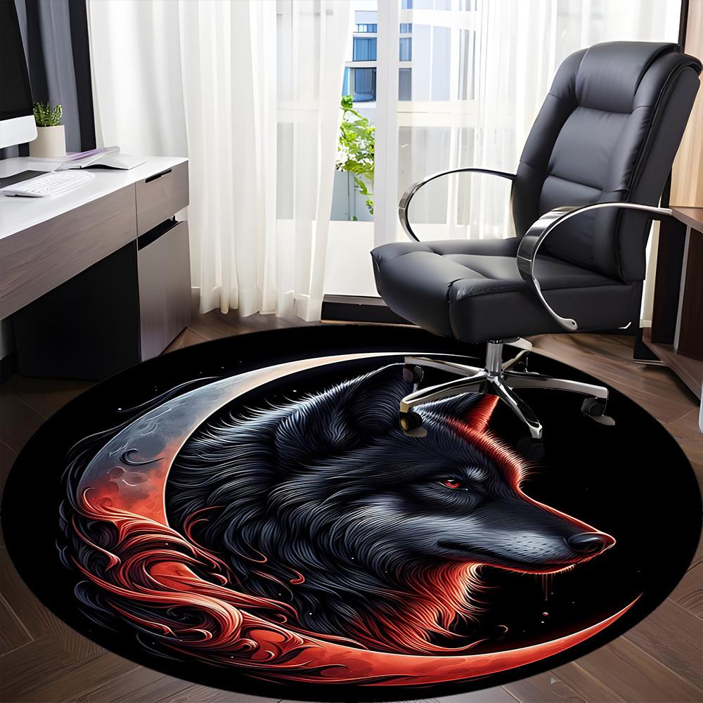 1pc Moon Wolf Office Round Area Rug, Under Office Chairs Bedroom Living Room Home Decor, Room Deco
