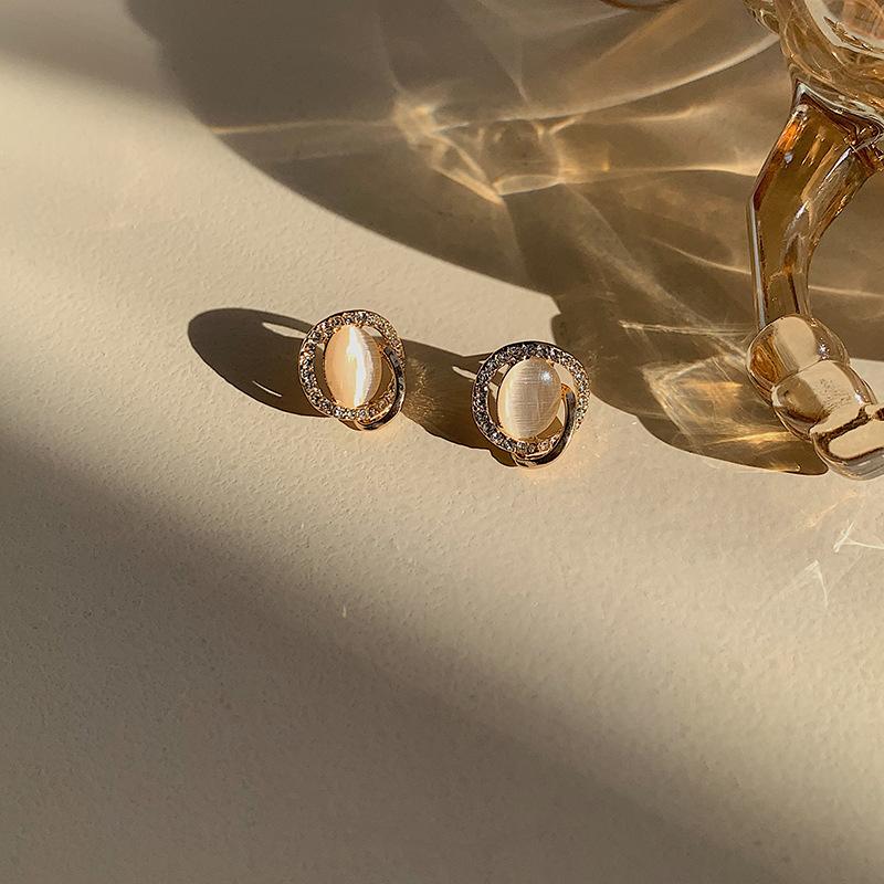 Круглые серьги-гвоздики с опалом, женские простые французские нежные серьги с бриллиантами, летние ретро-темпераментные повседневные серьги