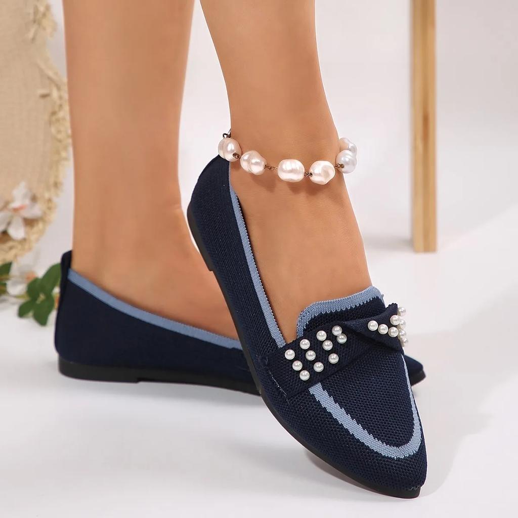 Women Flats 2025 New Knitted Slip Breathable Comfortable Solid Color Shoes Casual Pointed Toe Walking Loafers Sneakers Women