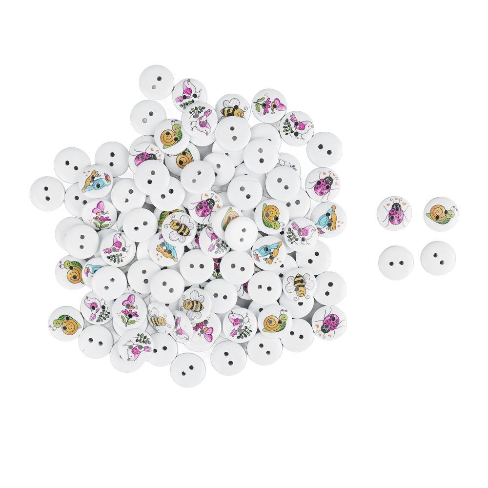 100pcs 2 Holes Wooden Buttons Mixed Printed Round Buttons Vintage Decorative Buttons For DIY Crafts