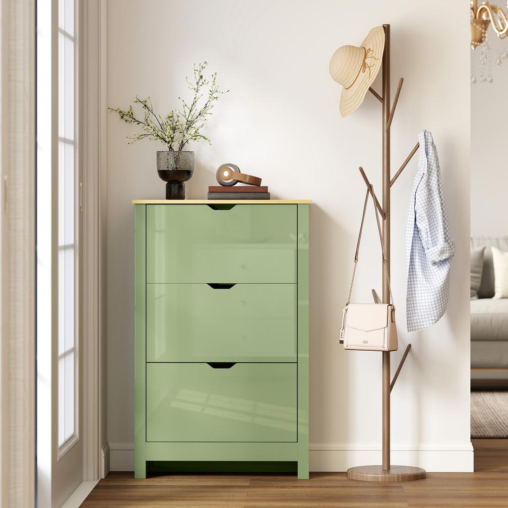 Slim Shoe Cabinet, Narrow Shoe Cupboard with 3 Flip Drawers, Adjustable Shelves for 18 Pairs of Shoes, High Gloss Green