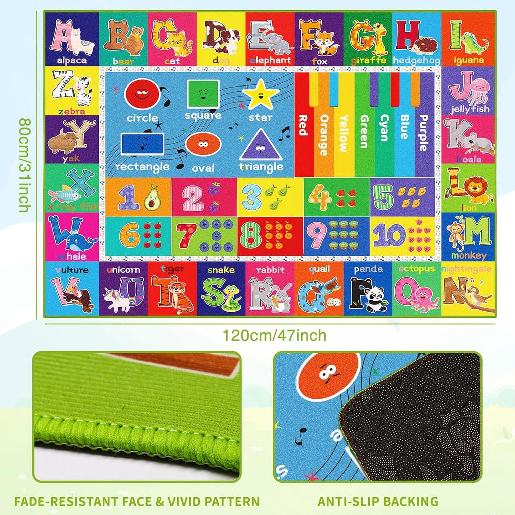 Educational ABC Kids Carpet with Numbers and Animals, Preschool Play Mat for Bedroom, Playroom, and Classroom