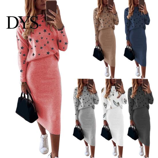 Blouse Skirt 1 Set Five-pointed Star Print High Waist Suit Autumn Winter Bodycon Pencil for Daily Wear