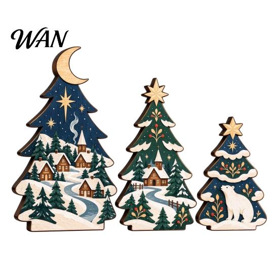 Decorative Wooden Christmas Trees 3 Pcs Tree Tabletop Sign, 2D Flat Shaped Table Decor Block Farmhouse Tiered Tray Centerpiece for Mantel Shelf