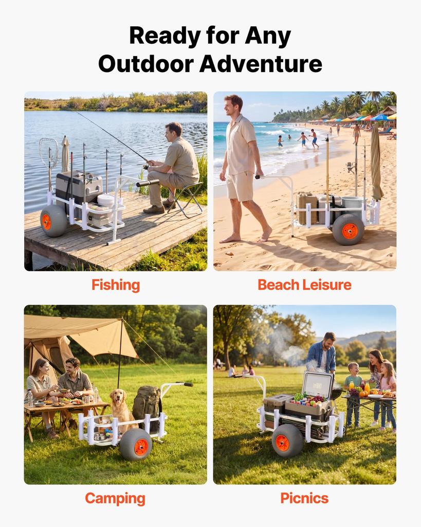 Beach Fishing Cart, 136 kg Load Capacity, Fishing Cart Wagon with Heavy-Duty Aluminum Alloy Frame, 330 mm All-Terrain PU Balloon Tires, 8 Rod Holders,