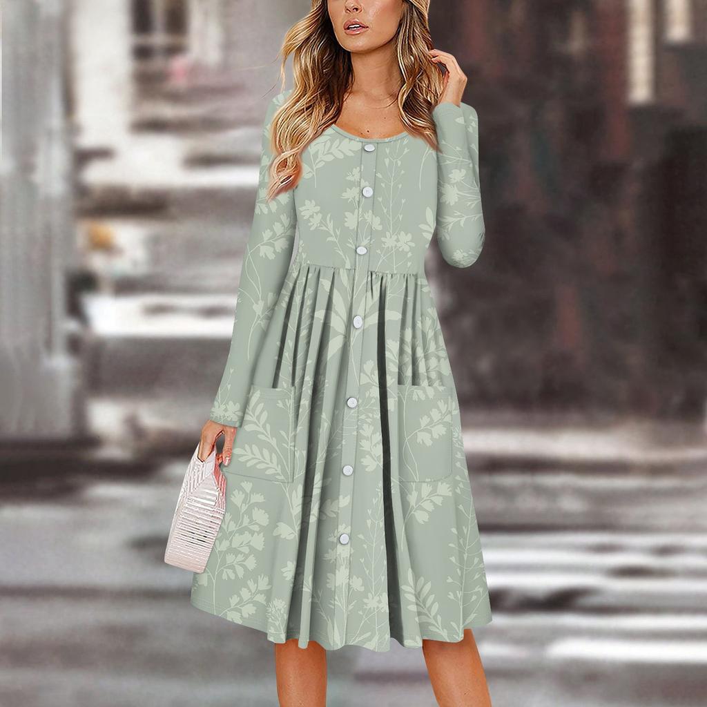 Женский повседневный модный сексуальный удобный сарафан с пуговицами, длинными рукавами и карманами, платье с цветочным принтом