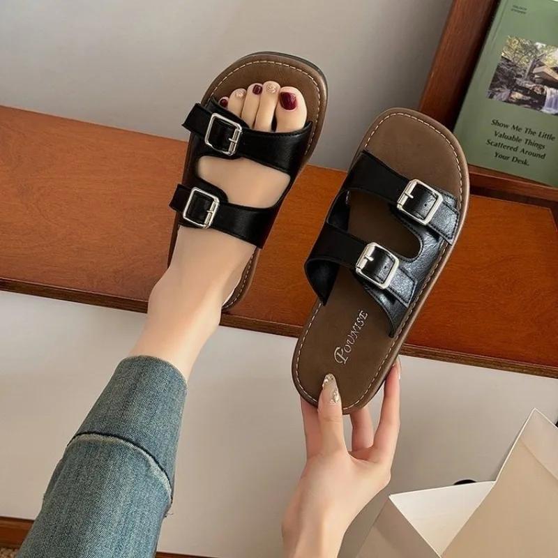 Мода Модные Сандалии на Толстом Каблуке Женские Плоские Римские Пляжные Шлепанцы с Квадратной Пряжкой Стиль Кросс-Границы Летние Шлепанцы с Открытым Носком