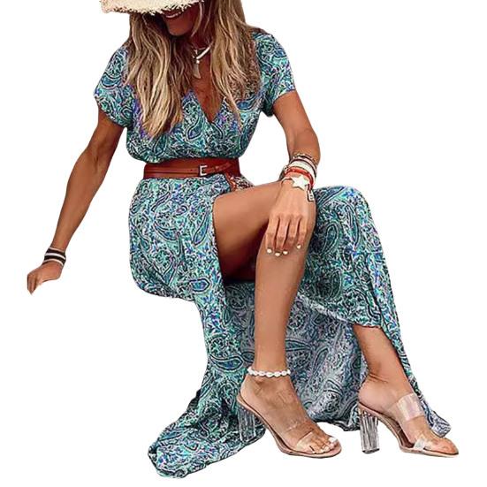 Летнее платье для отпуска с поясом, V-образным вырезом, короткими рукавами, узкой талией, пляжным макси-платьем с цветочным принтом и разрезом по низу, платье в стиле бохо