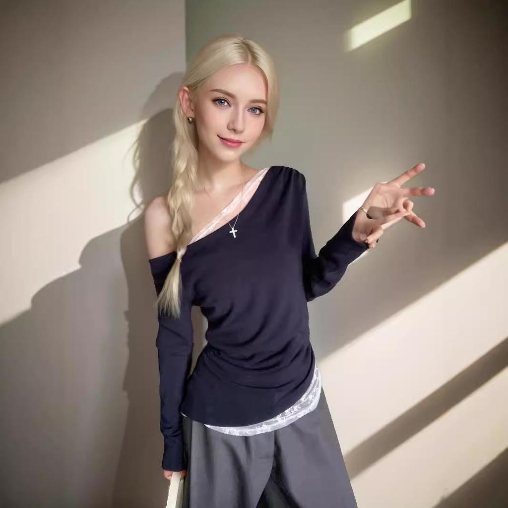 Топ с открытыми плечами, кружевными вставками и длинными рукавами, облегающего кроя - Новый чистый и сексуальный осенний стиль 2024