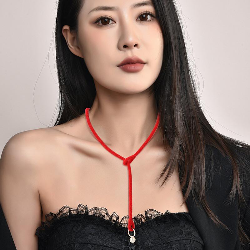 Handmade Pearl Pendant Necklace Elegant Red String Long Geometric Design For Women
