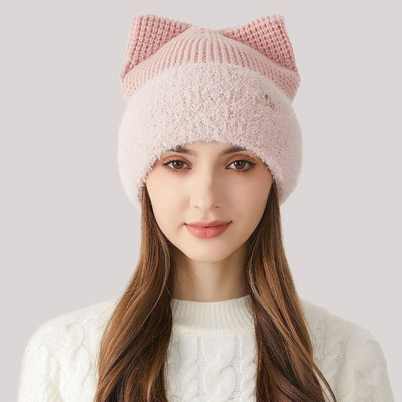 Женская зимняя вязаная шапка с кошачьими ушками, толстая защита ушей, однотонная шерстяная шапка с рукавами, шапочки с черепами