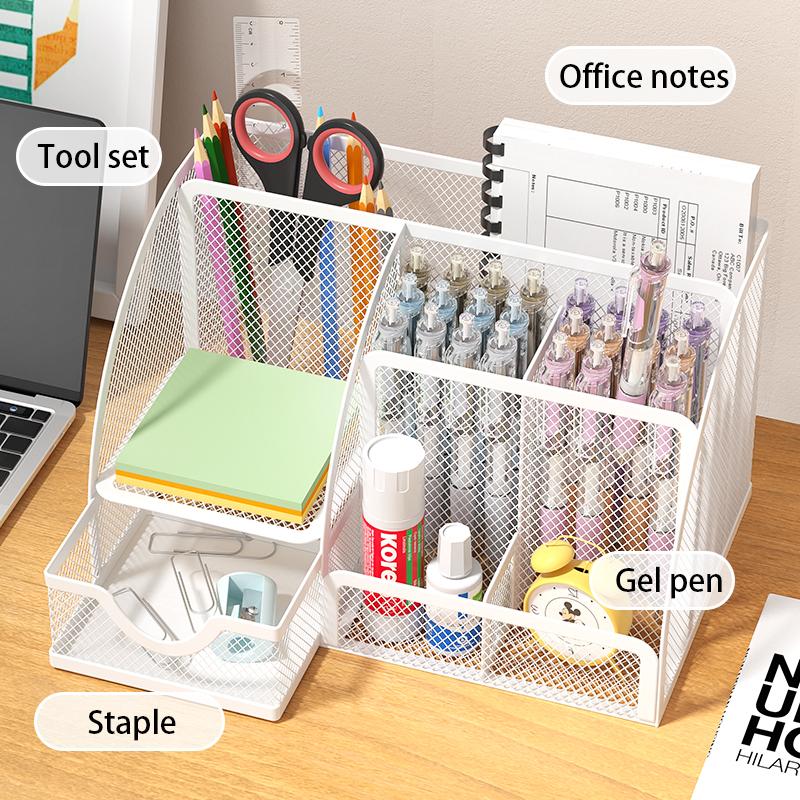 Mesh Pen Holder and Organizer Office Supplies with 7 Compartments, Desktop Organizer with Drawer, Metal Pen Holder for Desk