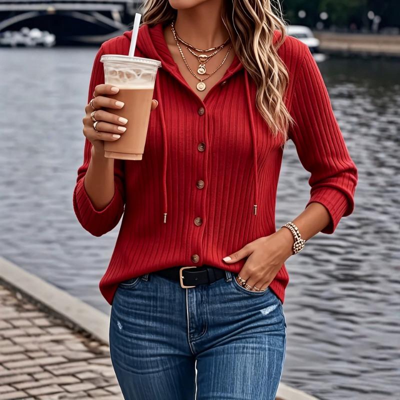 Women S Long Sleeve Hooded Knit Cardigan Button Solid Color