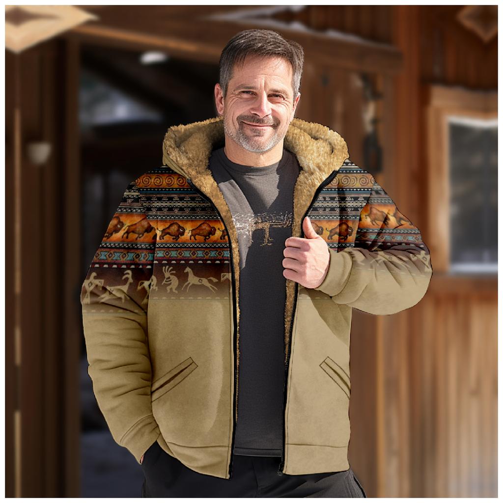 Men's Winter Print Jacket Men's Casual Trend Zipper Hooded Jacket