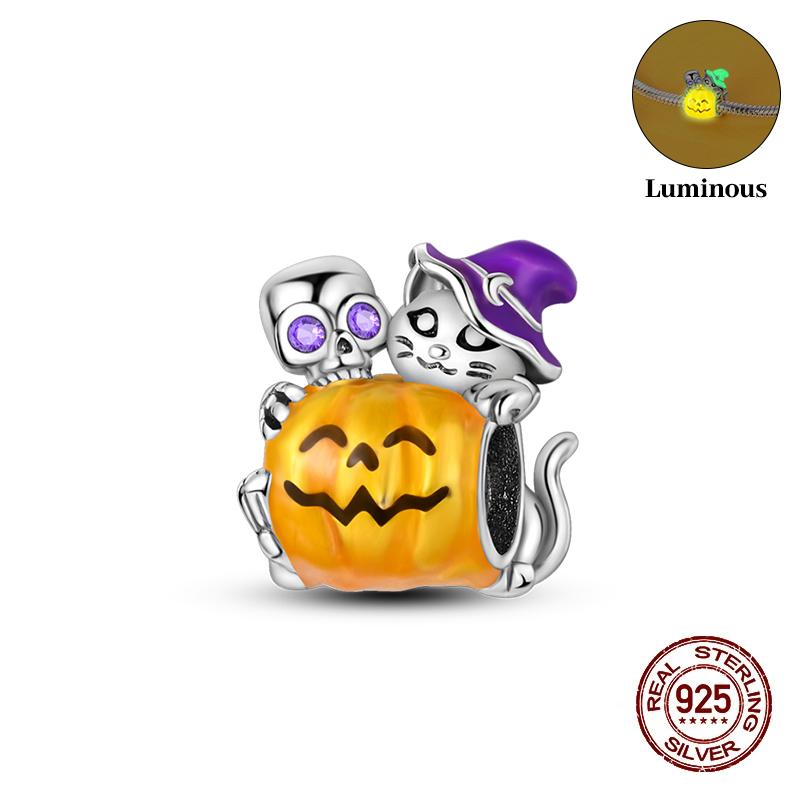 Halloween Charms Bead Copper Luminous Pumpkin Ghost Dangle Fit Bangle Bracelet Necklace Diy Jewelry