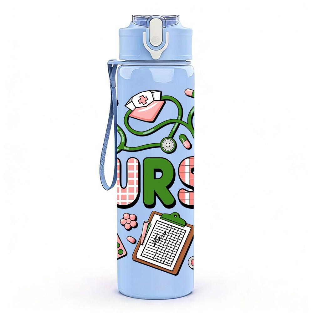 1PC Nurse Green Typography Pattern 750ml Color Plastic Sports Water Bottle Leakproof Flip Straw Lid Suitable for Sports Office Home Use