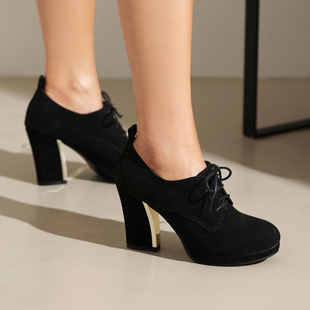 Женские туфли на высоком каблуке, одиночные туфли, весенне-осенняя водонепроницаемая платформа, толстый каблук, шнуровка, большой размер, всесезонная обувь.