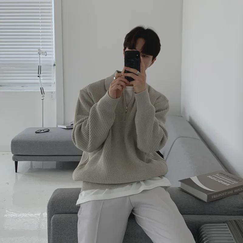 Мужской ретро-свитер с полумолнией: Плотный, свободный, в японском стиле (Коллекция осень/зима)